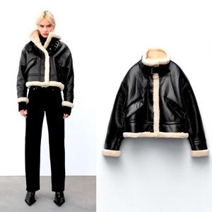 NWT Zara Black Faux Leather Cream Fleece Collar Jacket Blogger Fave S